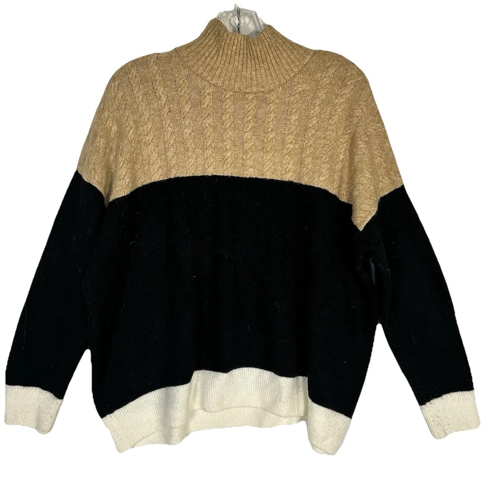 CeCe Women's Sweater Color Block Mock Neck Long Sleeves Brown Black Cream Large
